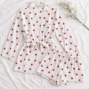 Anna-Kaci Heart Print Pajama Set | Size M | Belted Cotton Lounge Set Coquette